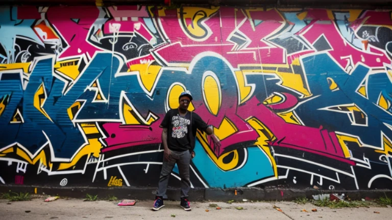 One man,south bronx hiphop, hip hop, wrap ,Graffiti art,against the backdrop of the city,(80&#39;s), Intricate details, Super detailed , Cinema Soft Light, Exposure Blending, Dynamic Range, front