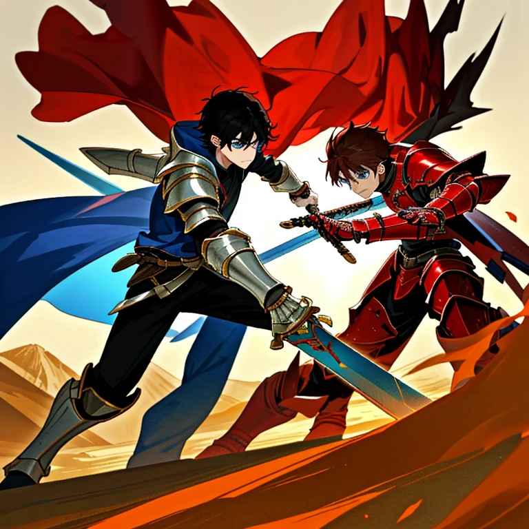 Male black haired person in full red battle armor, They have a red sword, they are fighting another male person with blue eyes and clothing and brown hair, the other person also has a blue sword, they are fighting in a desert,