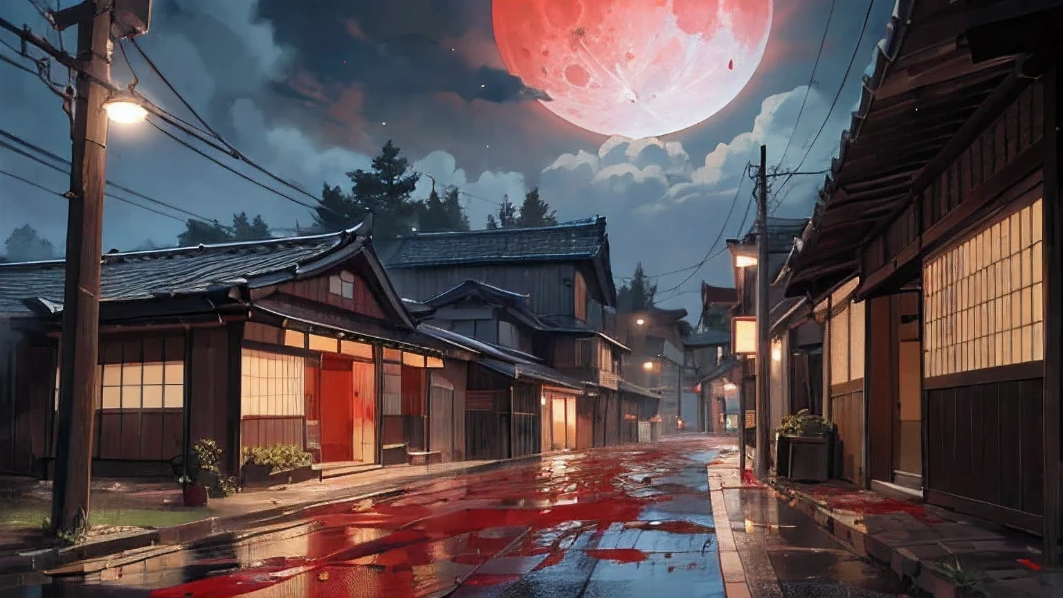 ((best quality)), ((masterpiece)), (detailed), horror scene, blood everywhere, blood puddles, night time, blood moon, blood rain, streets of  ancient Japan village, red mist through streets, blackout (lights on streets), view over roofs of the village to moon
