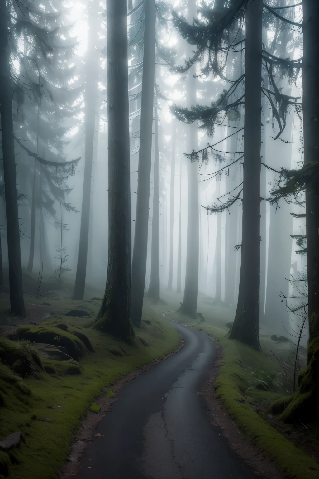 RAW, Best quality, high resolution, Masterpiece: 1.3), An ominous road with fog (iu:0.8),
Best quality, high resolution, Masterpiece: 1.3, Ominous, foggy road,
Masterpiece, Mysterious, 1scene,road leading into the forest,
Ominous, misty, fog surrounding the trees,
detailed, droplets of water on the leaves,
Realistic, 3D Octane rendering,
ray tracing, super detailing viewer,
close-up, moss covered trees on the side,
volumetric lighting, adding depth to the fog,
shadows creating a men