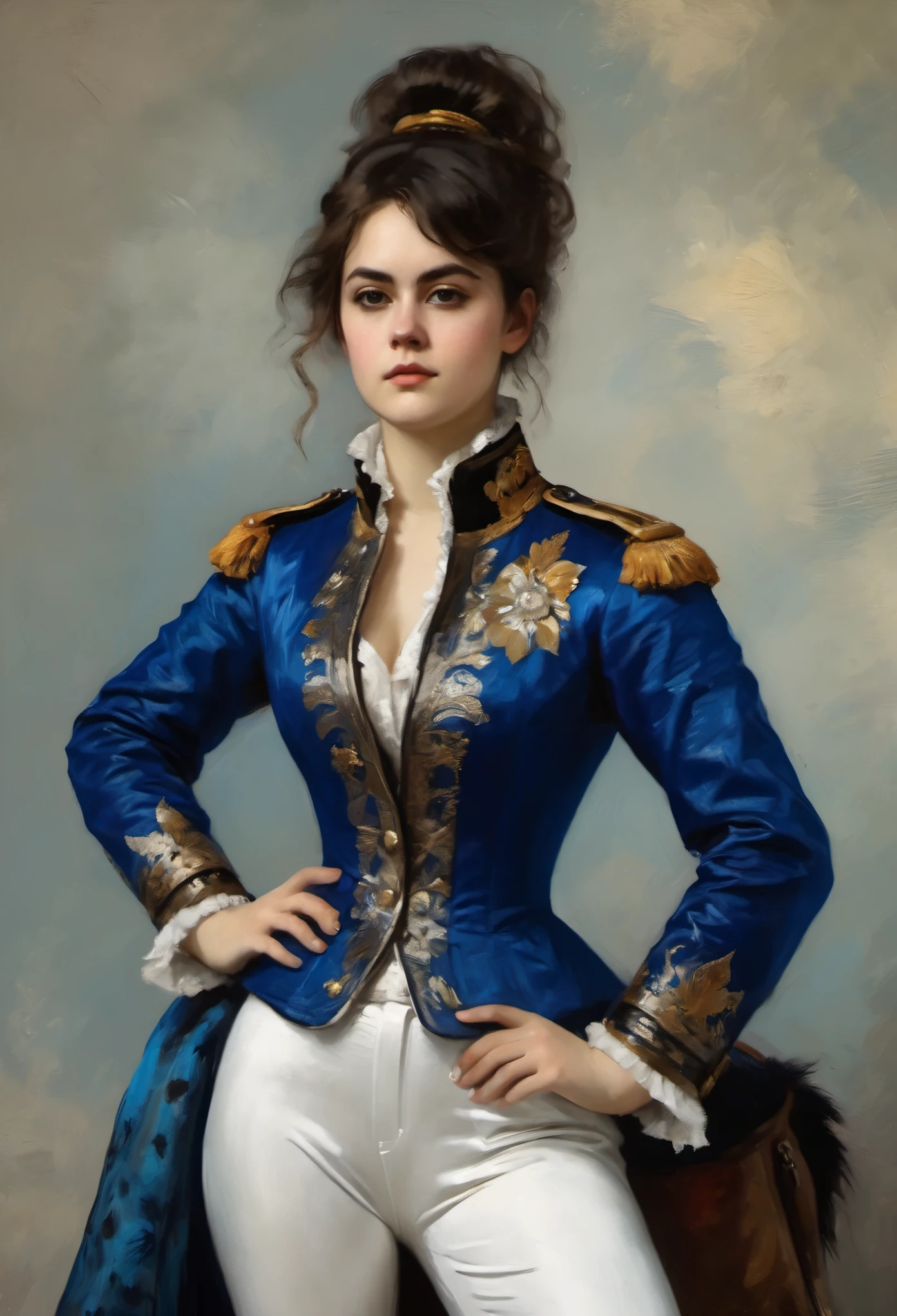an attractive girl in a blue fur hussar jacket on her shoulder, white satin loose leggings, pantaleer, dolman, boots, 19 century,
((Edouard Manet style)),((oil painting knife)), Scuff gradient, Complex details, intricate, aesthetics, ((best quality, Masterpiece)),
((Highest detail)), Octane render, hd, f/2.8, 8K