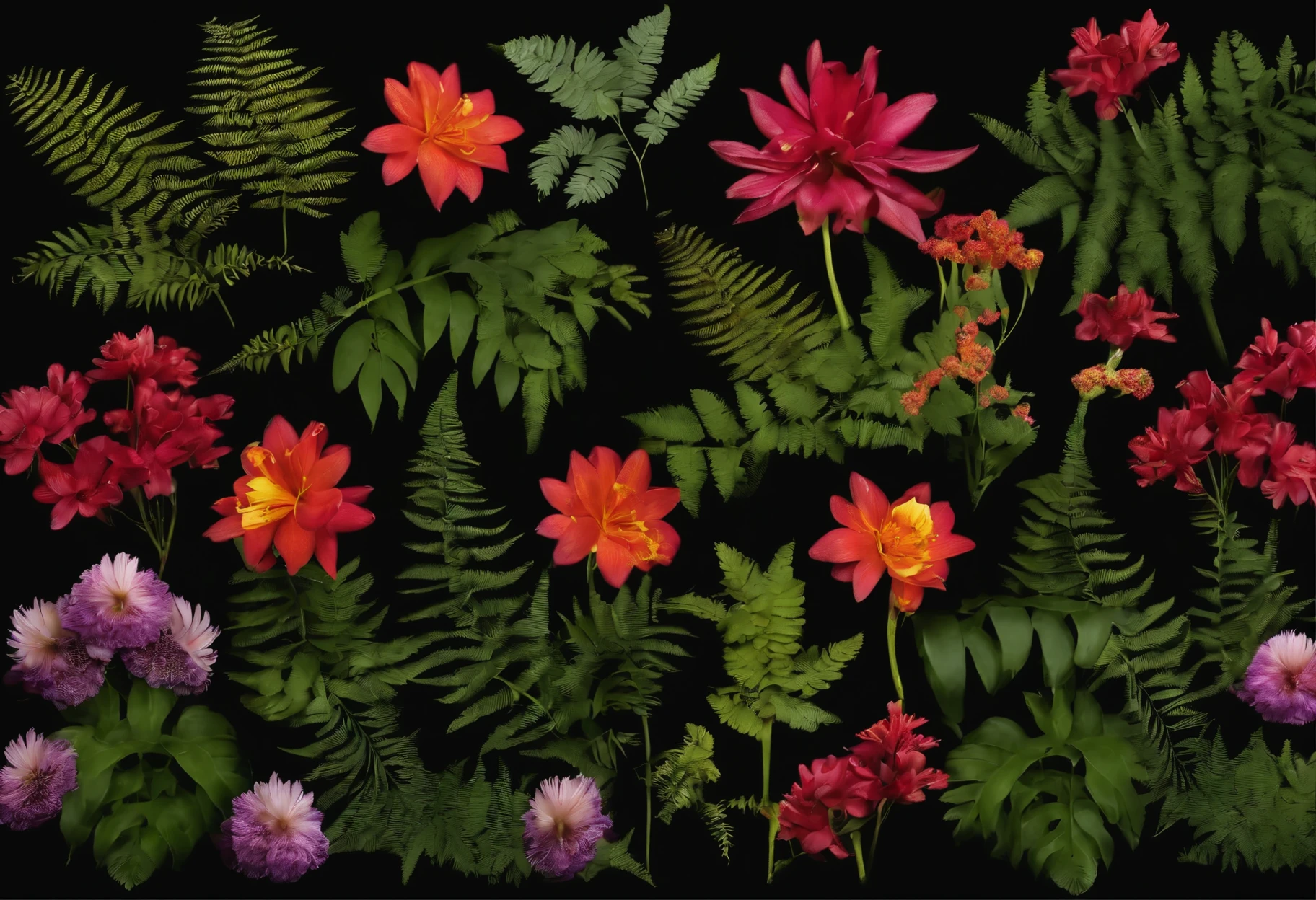 Botanical fern mix flowers in black background landscape