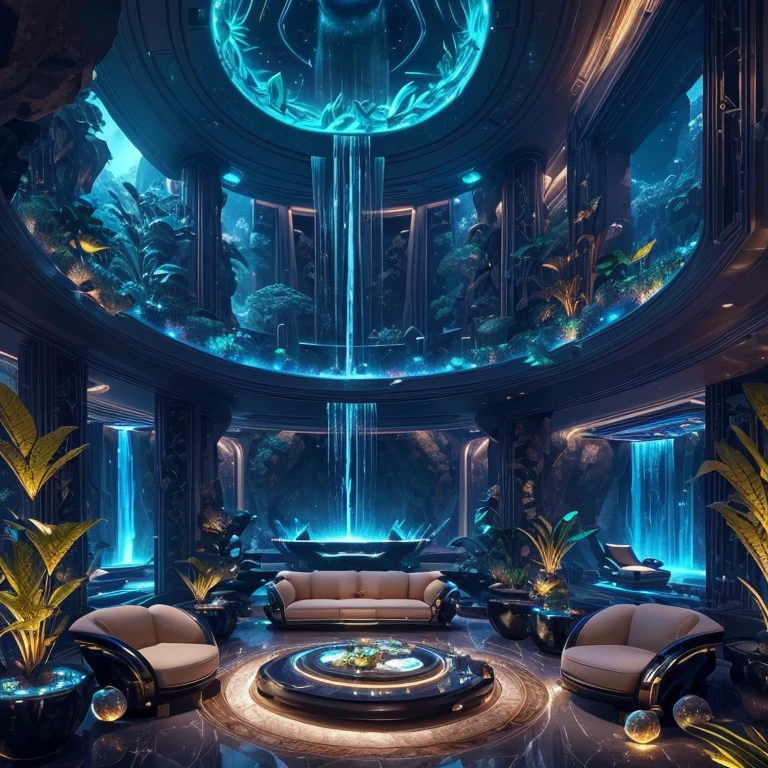 incredible luxurious futuristic living room interior in Ancient Egyptian style with many ((lush plants)) (lotus flowers), rocky walls, (sand), ((waterfalls)) (marble), ((precious minerals)), ((metals)), (gemstones), crystals, clouds and ((water)), ((futuristic luxury furniture)), ((plants made out of gemstones and precious minerals)), lion,  (black marble) – with ((beautiful lights)), Unreal Engine, HQ, 16k