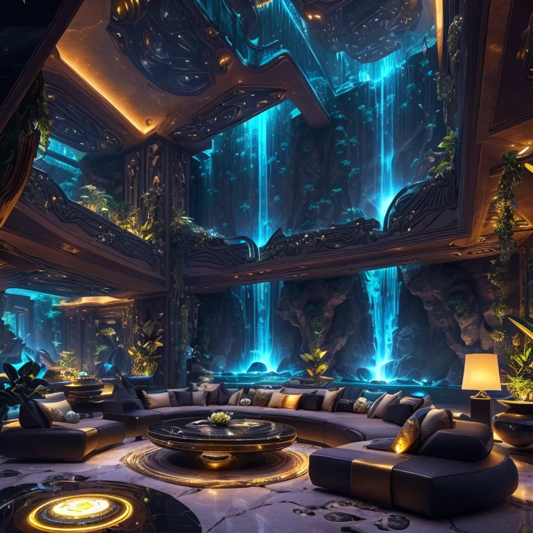 incredible luxurious futuristic living room interior in Ancient Egyptian style with many ((lush plants)) (lotus flowers), rocky walls, (sand), ((waterfalls)) (marble), ((precious minerals)), ((metals)), (gemstones), crystals, clouds and ((water)), ((futuristic luxury furniture)), ((plants made out of gemstones and precious minerals)), lion,  (black marble) – with ((beautiful lights)), Unreal Engine, HQ, 16k