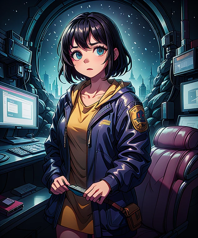 Technician dressed as a black-haired young woman with a serious expression, the background is a large scientific observatory with many large screens and staff