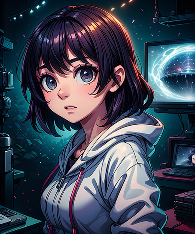 Technician dressed as a black-haired young woman with a serious expression, the background is a large scientific observatory with many large screens and staff