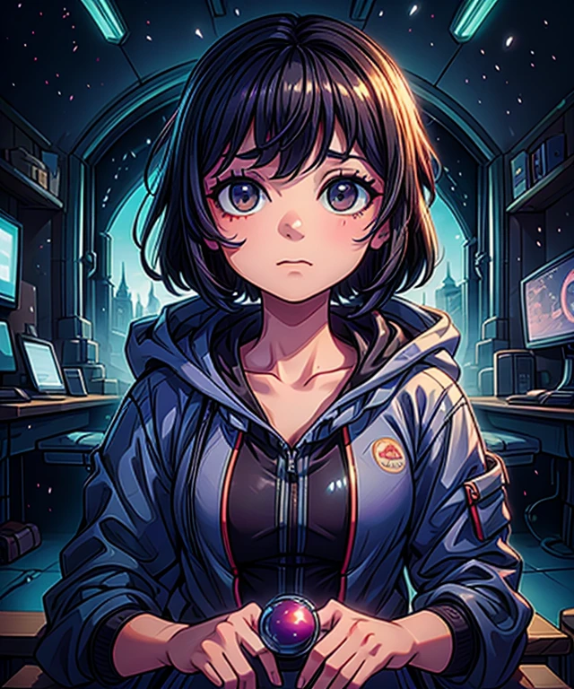 Technician dressed as a black-haired young woman with a serious expression, the background is a large scientific observatory with many large screens and staff