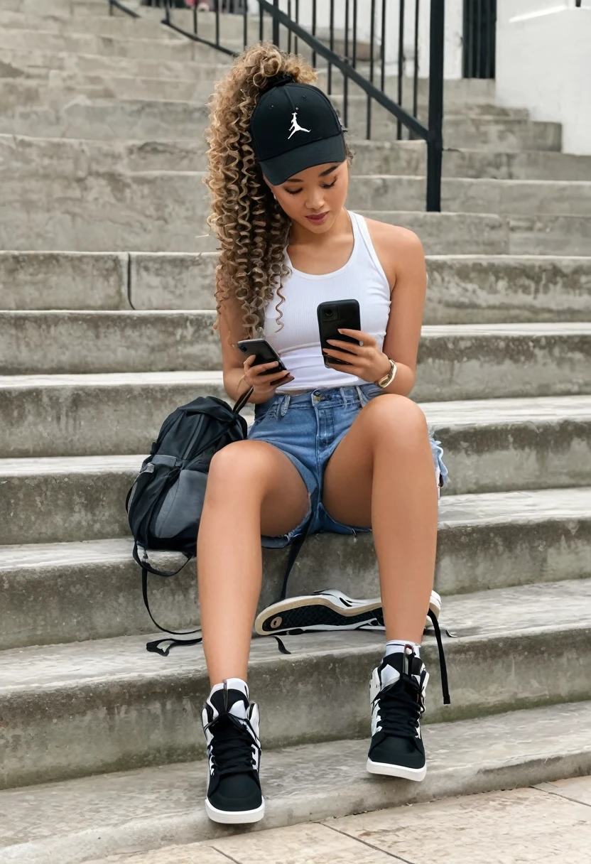 (the most beautiful woman in the world) ponytail curly hair, Jordan high top shoes, thick body, sitting on steps, looking down at iPhone texting, wearing a hat