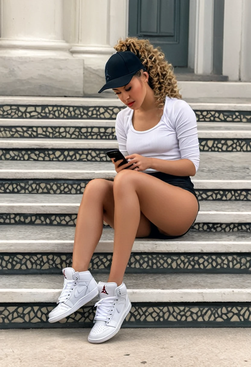 (the most beautiful woman in the world) ponytail curly hair, Jordan high top shoes, thick body, sitting on steps, looking down at iPhone texting, wearing a hat