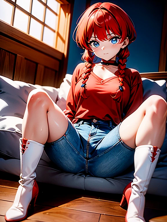 Garota anime ruiva vestindo chaqueta de cuero roja y pantalones de cuero azul, , cuerpo bonito, botas negras, zapatos de botas de cuero, senos grandes, con una mano en tu cintura y la otra en tus labios, mano en la cadera, mano con el dedo en el labio, dedo na boca, chica sexy, red pelo con trenza, Beautiful lighting, sombras suaves, ojos azules, bonitas piernas, pelo con trenza, estilo anime, Ranma Chan, Autora Rumiko Takahashi, Basado en obra de Rumiko Takahashi, Anime Ranma 1/2, senos grandes, sexy decoration, cadera robusta, cuerpo entero, cuerpo entero, hermosos pechos, chica joven con cuerpo hermoso y hermoso, botas negras, zapatos de botas de cuero, chaqueta de cuero roja y pantalones de cuero azul, camisa blanca debajo de la chaqueta