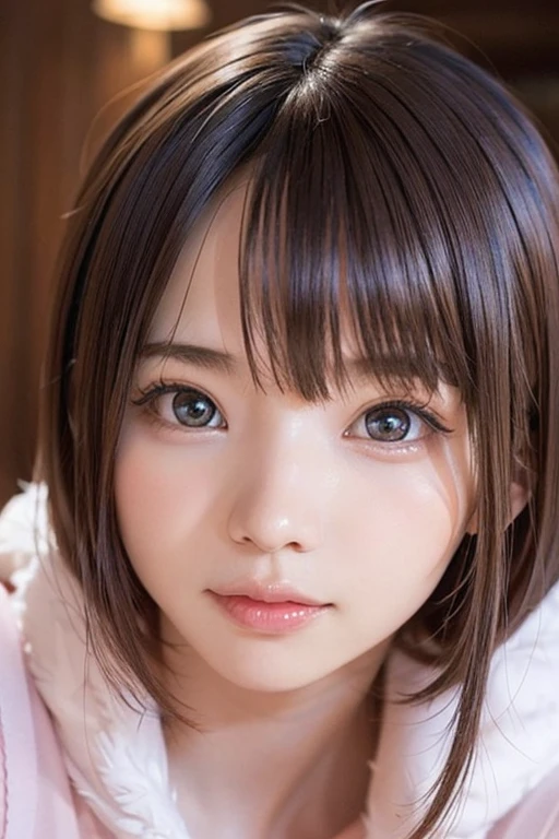One Girl, Portraiture, Modern, The most beautiful -yeld giin the world、Realistic proportions、Glossy Lips、Her big eyes are a beautiful light brown color..、Shining beautifully、Dazzling super long straight hair、messy bangs that fall on the face,,,,,,、snow-white beautiful skin、Cheek luster、Beautiful Face、Round face、Innocent face、Bright expression、Childish appearance、Symmetrical face, Symmetrical eyes, Dynamic pose, Complex, Complex詳細, Sharp focus、Small Face Beauty、upon、 Elementarce