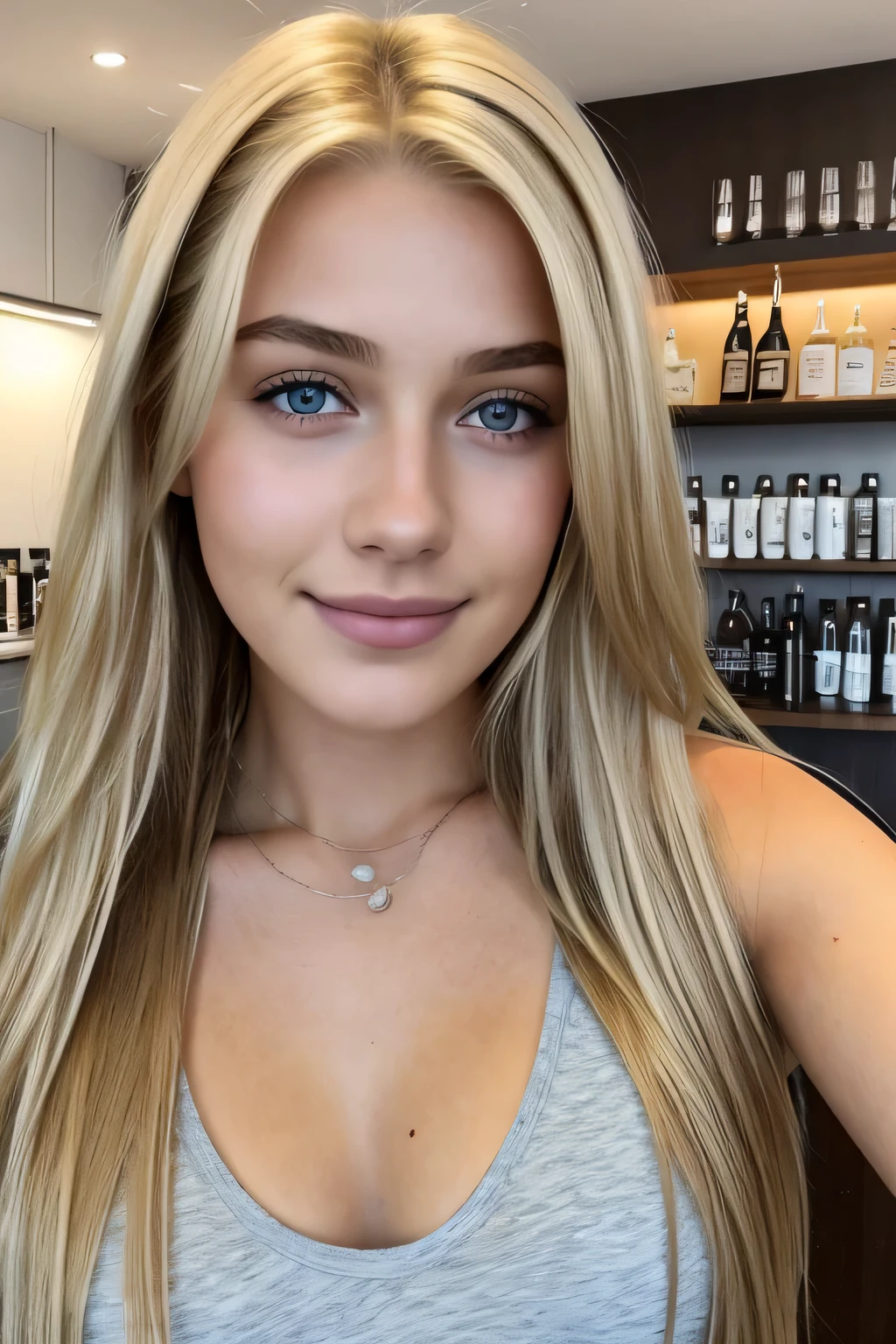 1girl in, age19, Allein, lange Haare, Kolossal , Betrachter betrachten, blondes Haar, nackten Schultern, braune Augen, Juwelier, Full body, eine Halskette, schulterfrei,realistisch, Eine sexy,drinking a smoothie