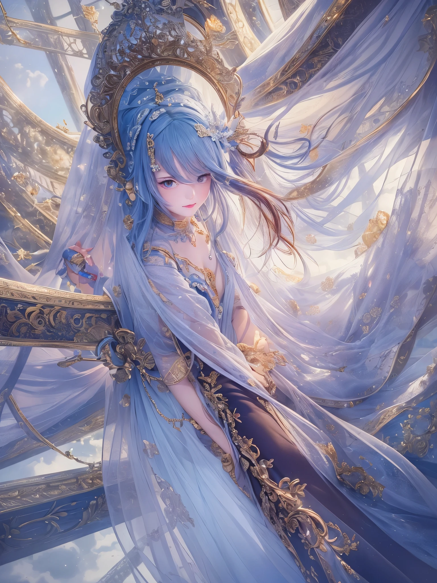((highest quality)),(Ultra-high resolution),(Very detailed),(Detailed Description),((The best CG)),(A masterpiece),Ultra-precise art,amazing drawing art,(Art with precise detail:1.5), Beyond the Sky,Bridge to the Sun, Blue wind,