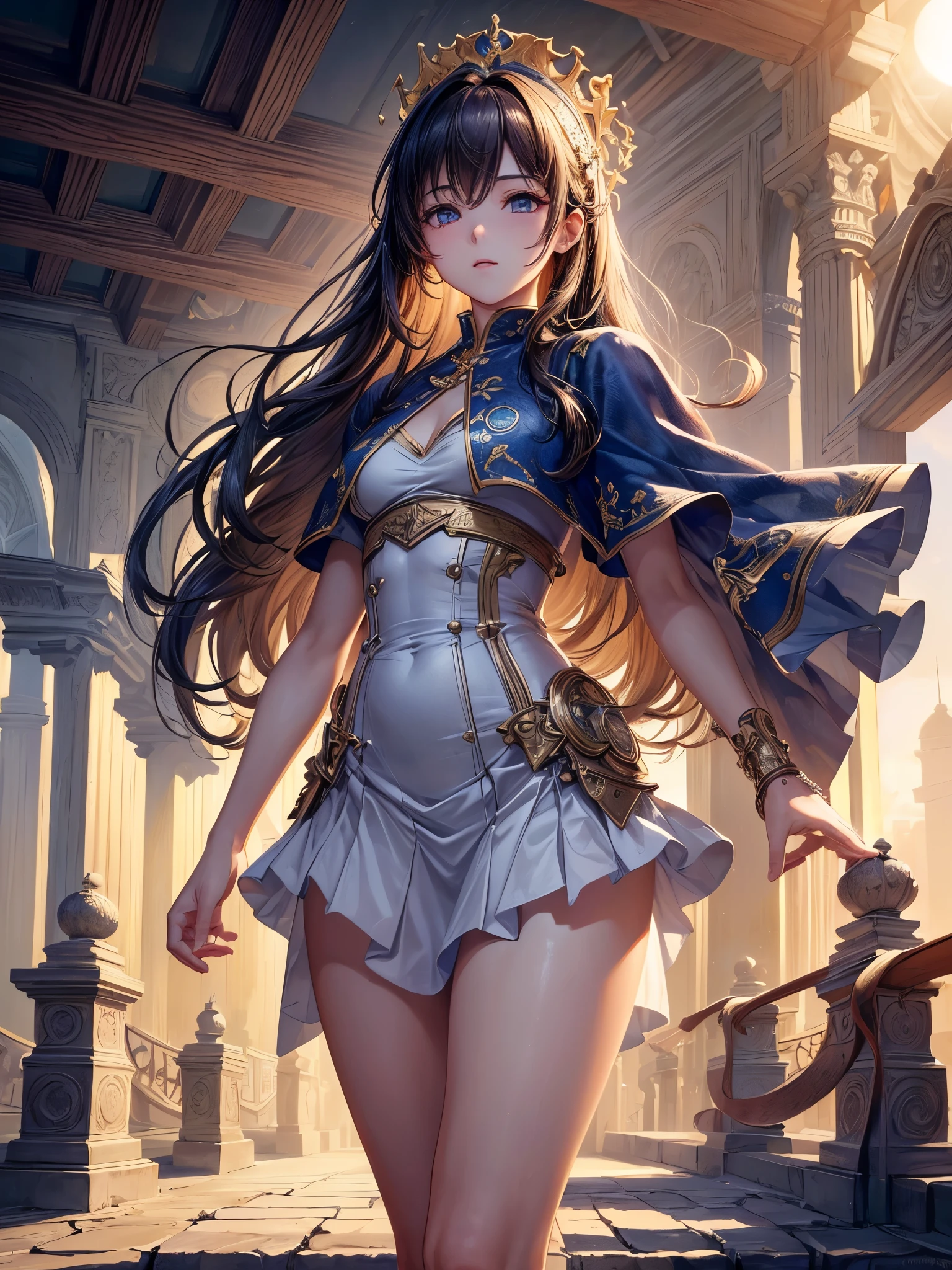 absurd res, high res, (masterpiece:1.4), ultra-detailed, 1girl, from below, space, floating, gold Chinese dress, ocean blue dress, stockings, black hair, crimson eyes, red eyes, garter belt, the gap, angry expression, yandere, full body, sole focus