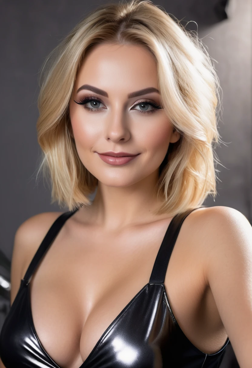 hyperrealistic beautiful busty 30-year-old women in ultra shiny metallic black jumpsuit, model shooting mugshot photography, dyed blonde classic bob, dark eye makeup with eyeliner, seductive smile, 8K, best quality, Meisterwerk, ultra high resolution, (Realismus: 1.4), Originalfoto, (realistische Hautstruktur: 1.3), (Filmkorn: 1.3), (Selfie-Winkel), 1 girl, Beautiful eyes and facial details, Meisterwerk, best quality