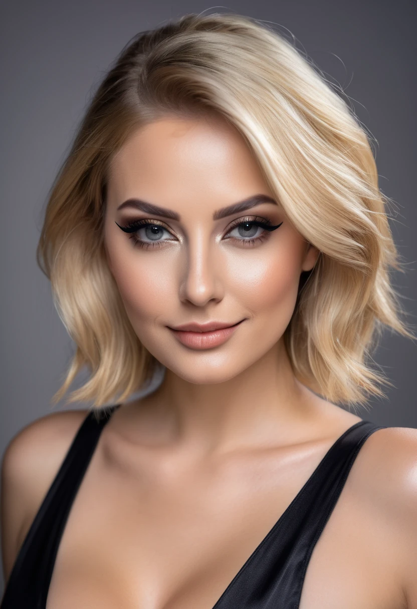 hyperrealistic beautiful busty 30-year-old women in ultra shiny metallic black jumpsuit, model shooting mugshot photography, dyed blonde classic bob, dark eye makeup with eyeliner, seductive smile, 8K, best quality, Meisterwerk, ultra high resolution, (Realismus: 1.4), Originalfoto, (realistische Hautstruktur: 1.3), (Filmkorn: 1.3), (Selfie-Winkel), 1 girl, Beautiful eyes and facial details, Meisterwerk, best quality