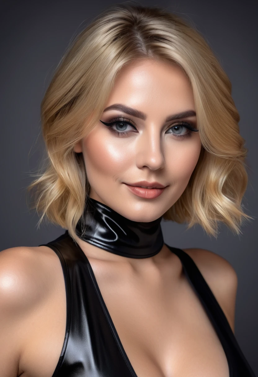 hyperrealistic beautiful busty 30-year-old women in ultra shiny metallic black jumpsuit, model shooting mugshot photography, dyed blonde classic bob, dark eye makeup with eyeliner, seductive smile, 8K, best quality, Meisterwerk, ultra high resolution, (Realismus: 1.4), Originalfoto, (realistische Hautstruktur: 1.3), (Filmkorn: 1.3), (Selfie-Winkel), 1 girl, Beautiful eyes and facial details, Meisterwerk, best quality