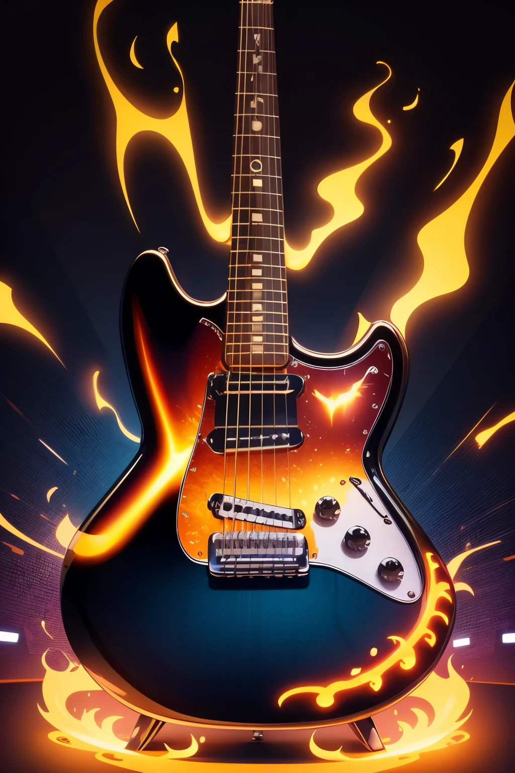 jaguar model electric guitar with details floating in the air with strings playing effects and fire and colorful lights around, background with hard rock show lights Perfect vector HIGH QUALITY details, Ultra high details, full design, victoria, vibrant vector, lines Deep, heavy lines.