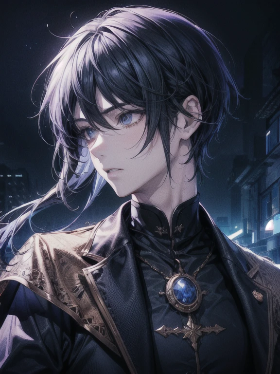Anime male protagonist. mysterious and enigmatic, . Unique and original, . Poco convencional e inconformista, . Ambicioso y visionario, . Sofisticado y refinado;, . Impresionante e imponente, . Tranquilo y compuesto, . serio y reservado, . Silencioso y reservado) hiper detalle, high resolution, super detail, mejor calidad, Asombroso, calidad superior, Fondo de pantalla CG unity 8k extremadamente detallado, cinematic lighting, ciberpunk, chico oscuro,
