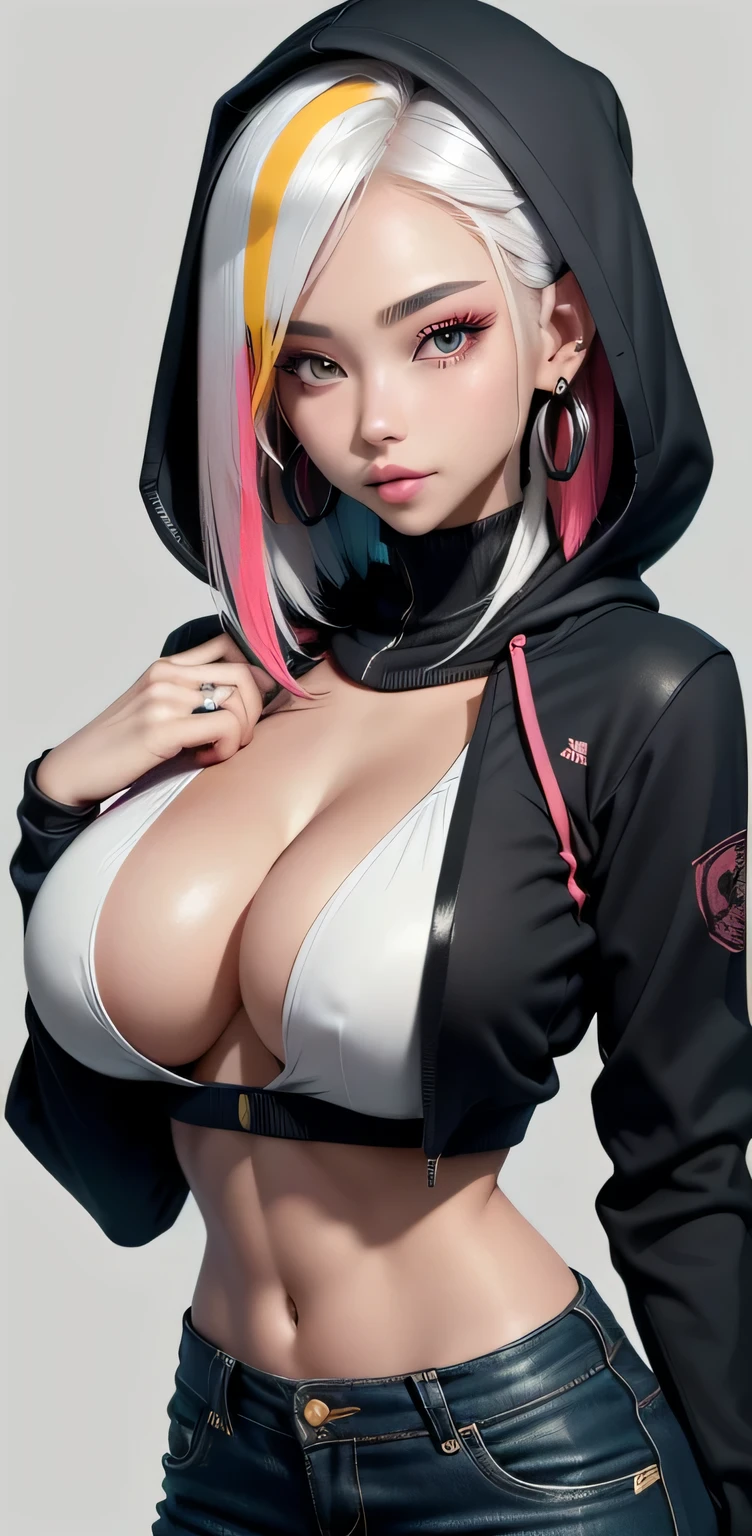 sfw, (hooded sweatshirt:1.1),((masterpiece)), ((best quality)), (ultra-detailed), ((extremely detailed)), 4K, (8K), best quality, (beautiful), extremely detailed,young girl, Cool Girl,(1girl), solo,bob cut,side braid,(two-tone coloring:1.6),beautiful white hair,(beautiful red hair),beautiful pink eyes, beautiful lips,(small breasts:1.2),slim, sad smile, earrings,(Lots of earrings),Ear Body Piercing, wearing bra,((skinny waist)), young asian girl, ((big breasted)),