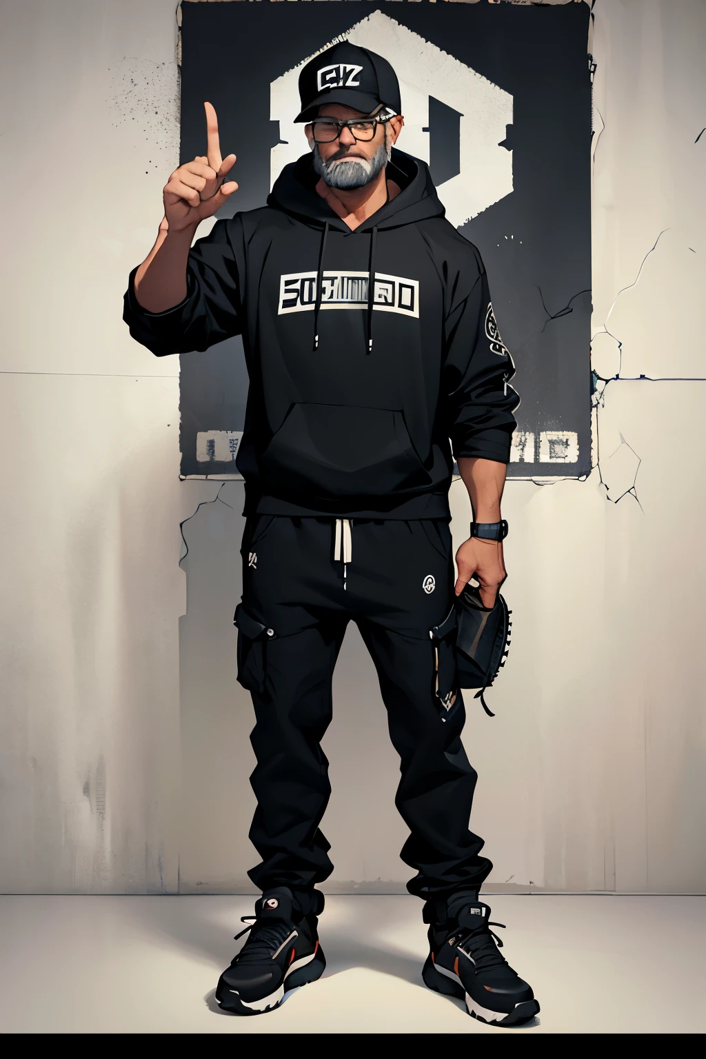 Photo real realistic 4D caricature, big head, full body, an adult man with an Asian face, 30 years old, clean face, neat undercut black hair, wearing a black skullcap,wearing a white Koko Muslim shirt, flip-flops, standing pose facing forward while holding a chainsaw, gray background
