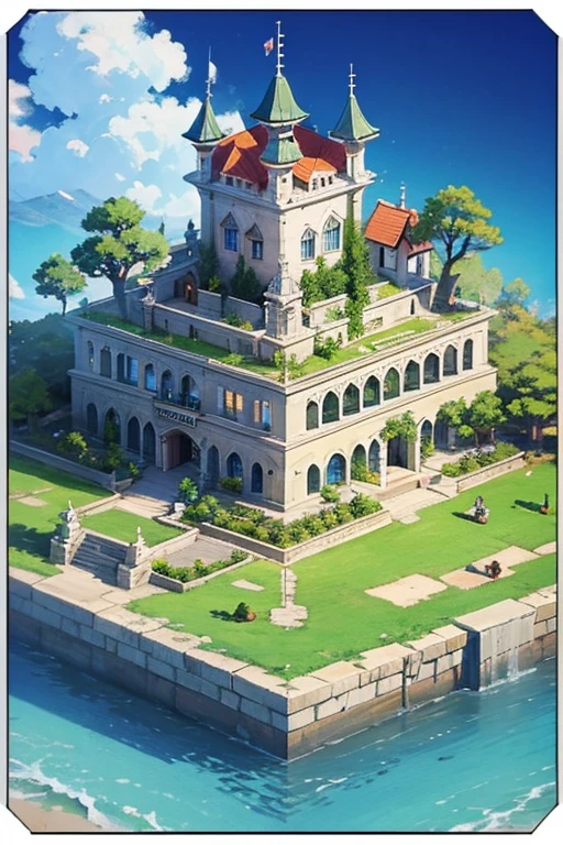 fantasy world, estilo isekai de anime, zona de comercio en la playa, estilo pixel art