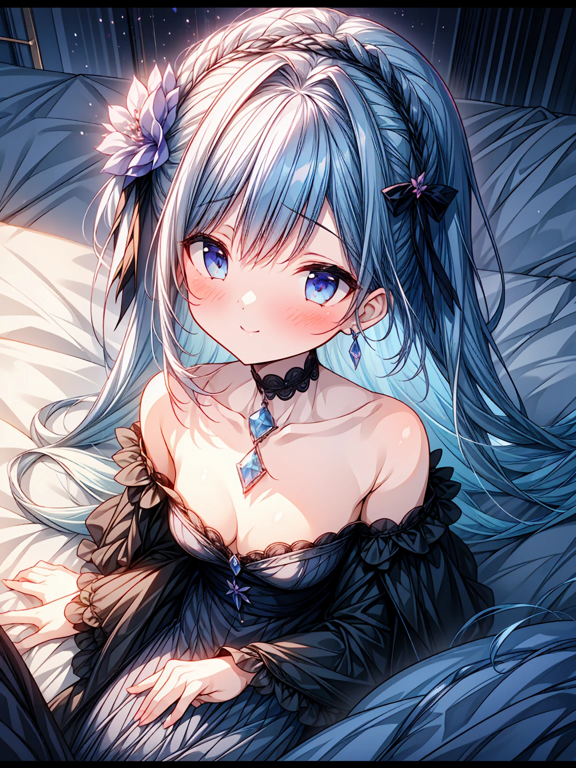 Masterpiece, best quality, extremely detailed, (illustration, official art: 1.1), (((((1 girl))))), ((light blue long hair))), light blue hair, , ((blush)), cute face, big eyes, tareme, masterpiece, best quality, ((a very delicate and beautiful girl)))), , girl,amazing, beautiful detailed eyes, blunt bangs (((little delicate girl)))), tareme (true beautiful: 1.2),, small girl, and sweet,(Composition looking up from a low position)、,1girl, side braided, amber eye, wearing black dress, night light, purple flower hairpin, double layer choker necklaces, purple gem earings, hall, stairs,Close up portrait of a person in a dress with flowers in her hair, Anime girl in black dress with gothic décor with intricate details,sweat:1.2、、Wet eyeini dress))、off shoulders、thighs thighs thighs thighs、 Longhaire、(Hide your fingertips)、,blush,Happy smile,(((Bedrooms))),((Night view)),(chromatic abberation:1.3),Dynamic Angle,Looking at Viewer,Lie down 、temptation 、