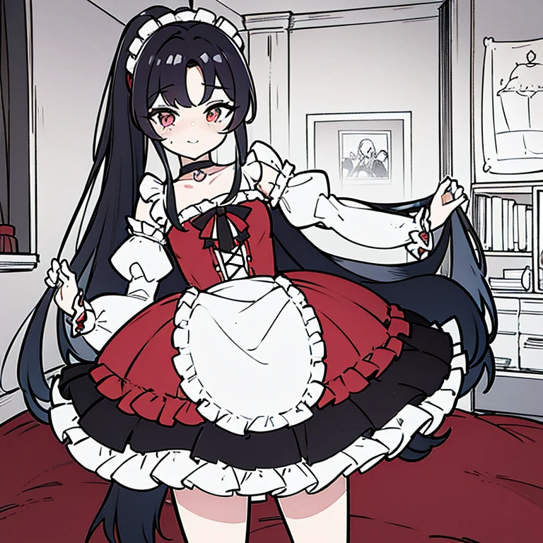 adulto, Cabello negro ondulado, mirada penetrante con ojos profundos de color rojo, estatura promedio, Silky hair with a ponytail hairstyle collected with a red bow with two white lines, tiene pechos medianos, primer plano, session, standing in the middle of his room [[[Risa malvada]]] , Sonrojada, muslos grandes, maid, sirvienta, nsfw, calzon blanco, raising her maid&#39;s skirt to show her panties to the camera, lifting her skirt to show her panties, agarrando la falda con sus dos manos para levantarla, SHOWING PANTIES 