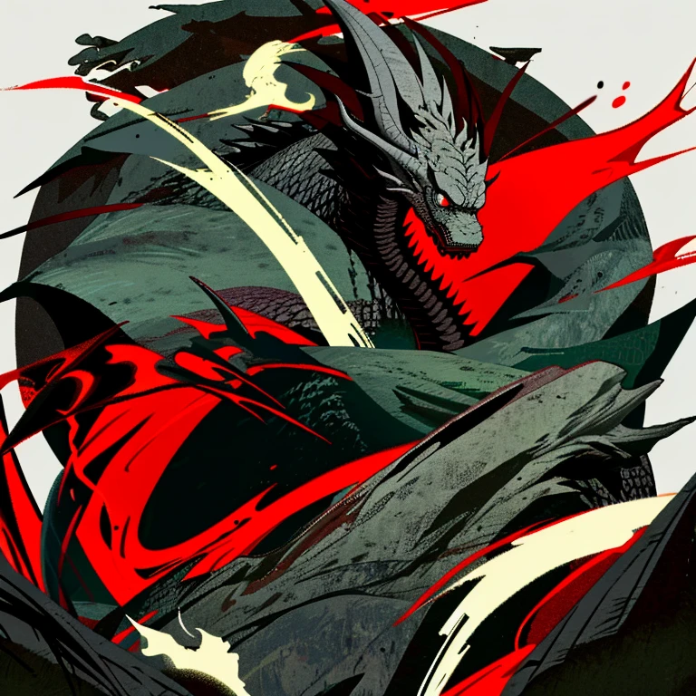 A black dragon wrapped around a mountain, the dragon has red eyes