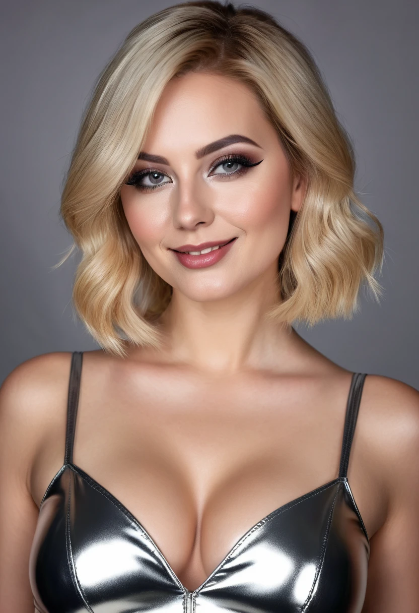 hyperrealistic beautiful busty 30-year-old women in ultra shiny metallic jumpsuit, model shooting mugshot photography, dyed blonde classic bob, dark eye makeup with eyeliner, seductive smile, 8K, best quality, Meisterwerk, ultra high resolution, (Realismus: 1.4), Originalfoto, (realistische Hautstruktur: 1.3), (Filmkorn: 1.3), (Selfie-Winkel), 1 girl, Beautiful eyes and facial details, Meisterwerk, best quality