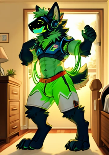 Protogen, (white fur with some green strands of fur) , bedroom, happy, male, 8 foot 0, standing, looking at viewer, muscular, (big ass), ass bursting out of green underwear, green glowing balls, bending, white ass, cock, cum,