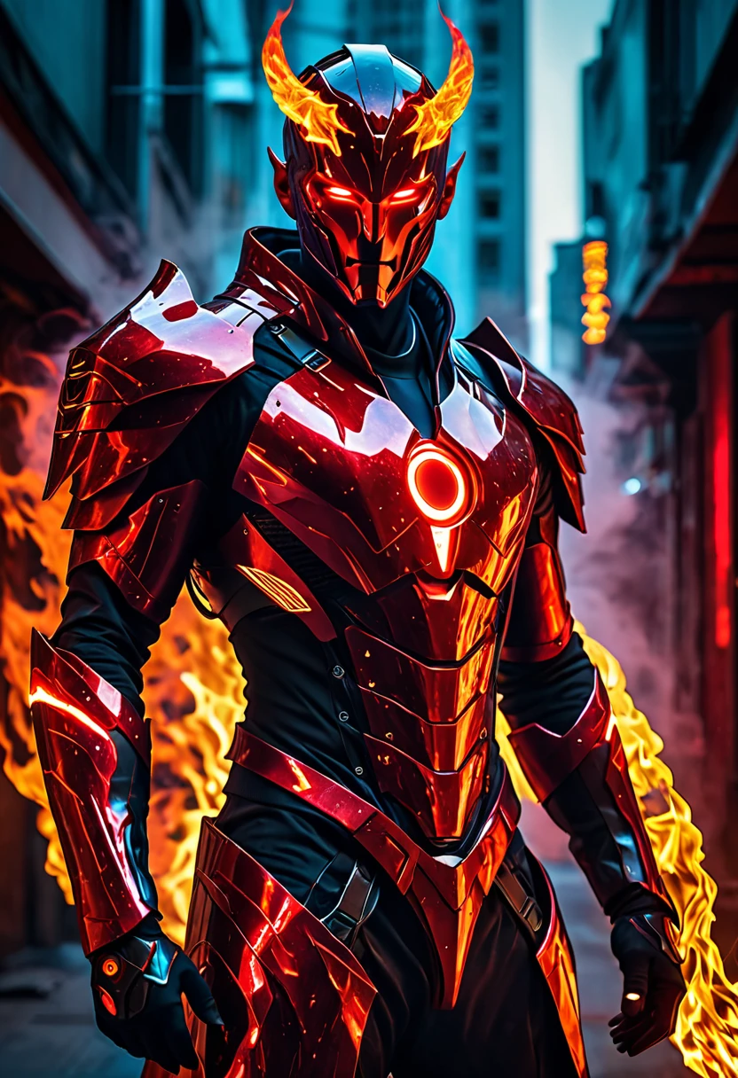 un homme aux yeux brillants et un costume rouge debout devant un feu, fond incroyable, Torche humaine, veines rouges brillantes, puissance rayonnante, image d'avatar, veines rouges brillantes, veines brillantes et brillantes, costume de flamme cyberpunk, 8k very detailed ❤🔥 🔥 💀 🤖 🚀, veines rougeoyantes, super-vilain sombre, photo de profil 1024px, Fire Demon