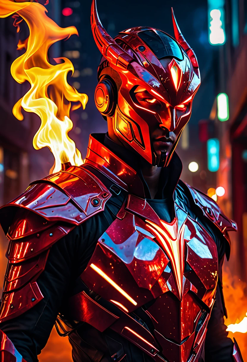 un homme aux yeux brillants et un costume rouge debout devant un feu, fond incroyable, Torche humaine, veines rouges brillantes, puissance rayonnante, image d'avatar, veines rouges brillantes, veines brillantes et brillantes, costume de flamme cyberpunk, 8k very detailed ❤🔥 🔥 💀 🤖 🚀, veines rougeoyantes, super-vilain sombre, photo de profil 1024px, Fire Demon