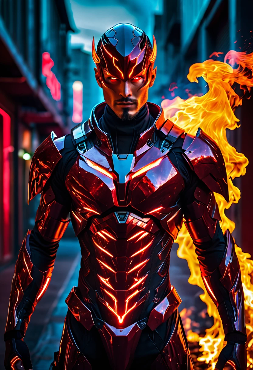 un homme aux yeux brillants et un costume rouge debout devant un feu, fond incroyable, Torche humaine, veines rouges brillantes, puissance rayonnante, image d&#39;avatar, veines rouges brillantes, veines brillantes et brillantes, costume de flamme cyberpunk, 8k very detailed ❤🔥 🔥 💀 🤖 🚀, veines rougeoyantes, super-vilain sombre, photo de profil 1024px, Fire Demon