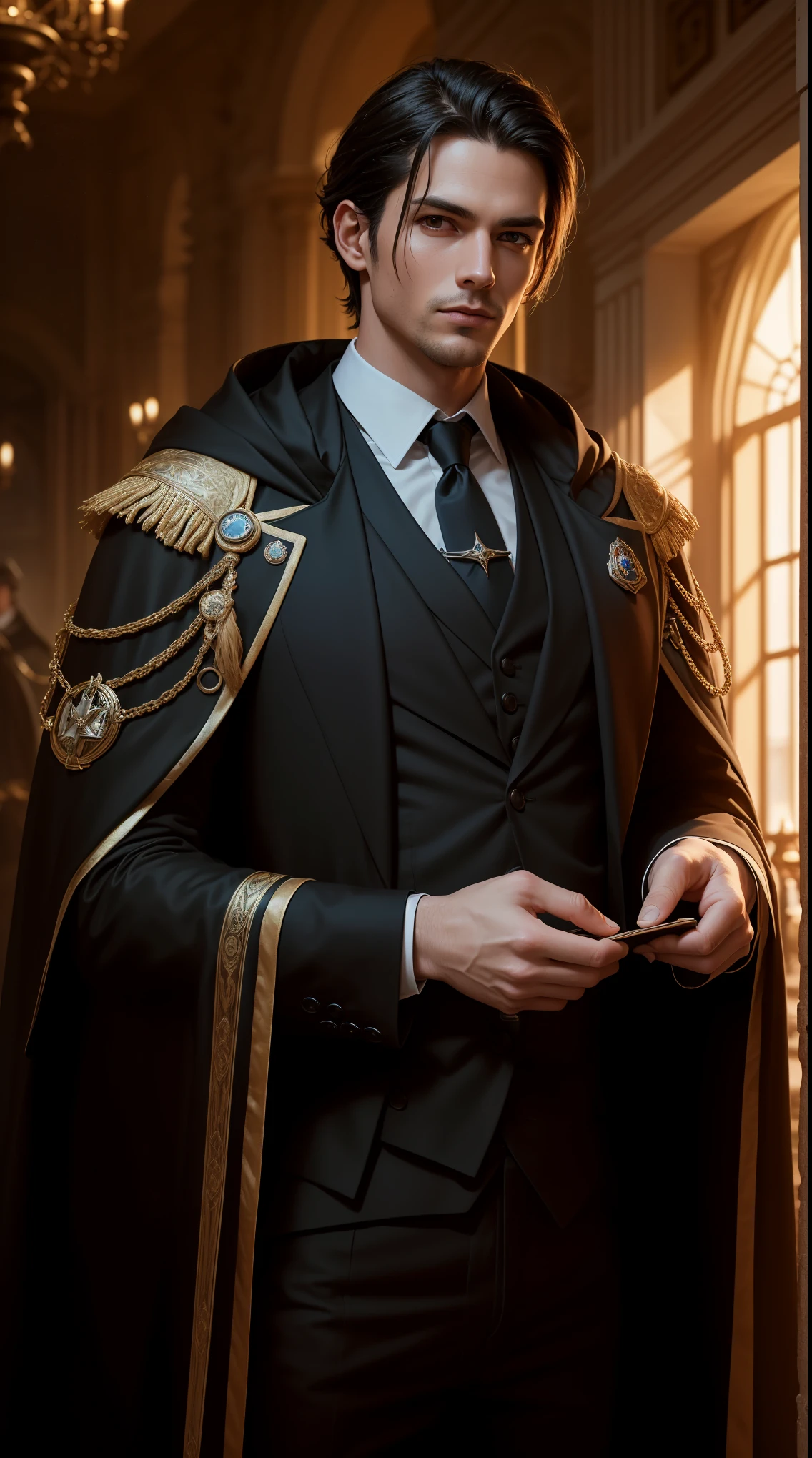 "((photorealism, high quality, detailing)), ((half of the body)) strong (sports) Human, Male appearance, Majestic magician-alchemist,  dark hair, A European view, modernity, 21st century, Stylish black suit, long black cloak, magical atmosphere".