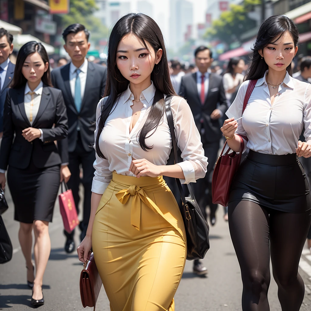 A classy asian business woman strolling down the streets of bangkok, she has a look of disdain on her face (Asian themed outfit, waist length hair), people stop and stare