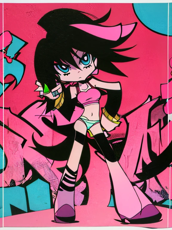 anime,Panties and stockings,Graffiti art,against the backdrop of the city,(80's),
