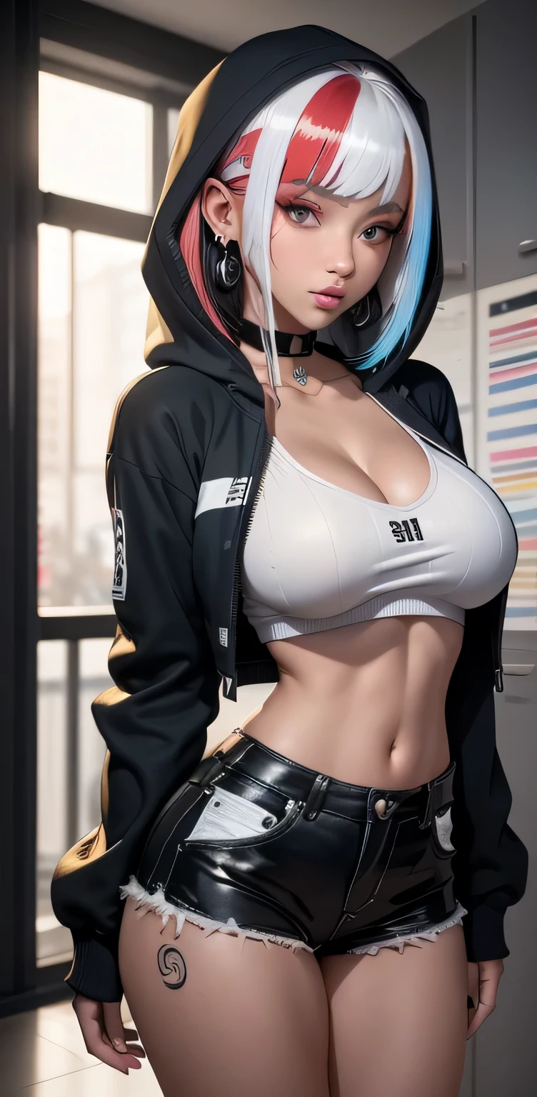 sfw, (hooded sweatshirt:1.1),((masterpiece)), ((best quality)), (ultra-detailed), ((extremely detailed)), 4K, (8K), best quality, (beautiful), extremely detailed,young girl, Cool Girl,(1girl), solo,bob cut,side braid,(two-tone coloring:1.6),beautiful white hair,(beautiful red hair),beautiful pink eyes, beautiful lips,(small breasts:1.2),slim, sad smile, earrings,(Lots of earrings),Ear Body Piercing, wearing bra,((skinny waist)), young asian girl, ((big breasted)),