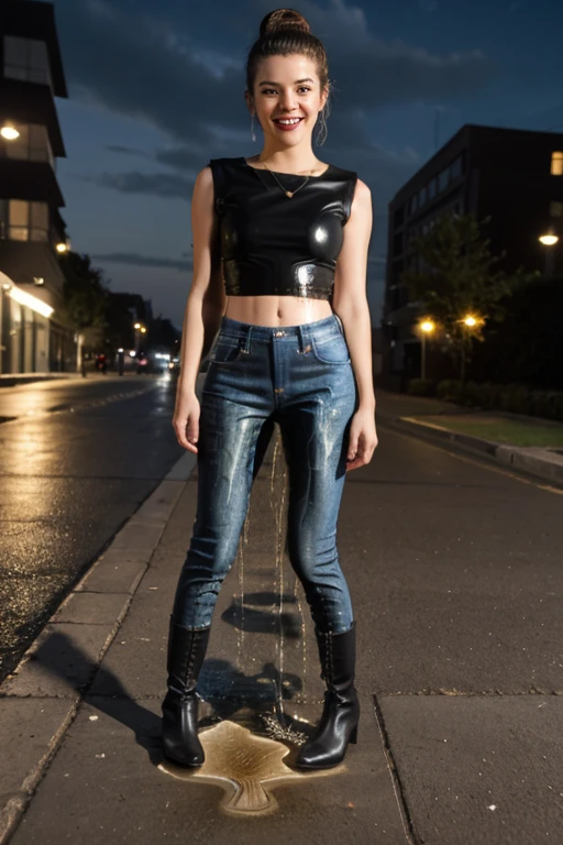 anime, highres, beautiful women, high detail, good lighting, lewd, hentai, (no nudity), (((jeans))), ((tight leather top)), (((leather boots))), bare midriff, ((wet crotch)), (((peeing herself))), (((wetting herself))), ((((peeing self))), (pee streaming down legs), peeing stain, (puddle), (thick thighs), nice long legs, lipstick, detailed face, pretty face, hair tied up, smiling invitingly, humiliated, ((on sidewalk at night)), high heels, ((standing))
