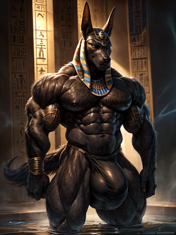 screwed up: Muscular black Anubis wearing bandages. 4K, A high resolution, Best quality, perfect colors, perfect shadow, perfect lightning, posted on e621, hairy bodies, Alone, anubian jackal, older male, black tight speedos ( huge bulge :1.4), (Muscular, big muscle mass:1.2, bodybuilder, huge shoulders, big round pecs), torso, Correct anatomy, (Realistic fur, Delicate fur, epic, tmasterpiece:1.2), (Detailed egyptian bathhouse, during night), sexy dark tarantula fiddler, author:Chunni, author:kusanagi, Bonifasko lighting), (Detailed eyes:1.2), sweaty:2, perspired:1.2, shining fur, Posing for the camera, body builder, self-assured, large muscle, sexy for, full bodyesbian, slutty expressions