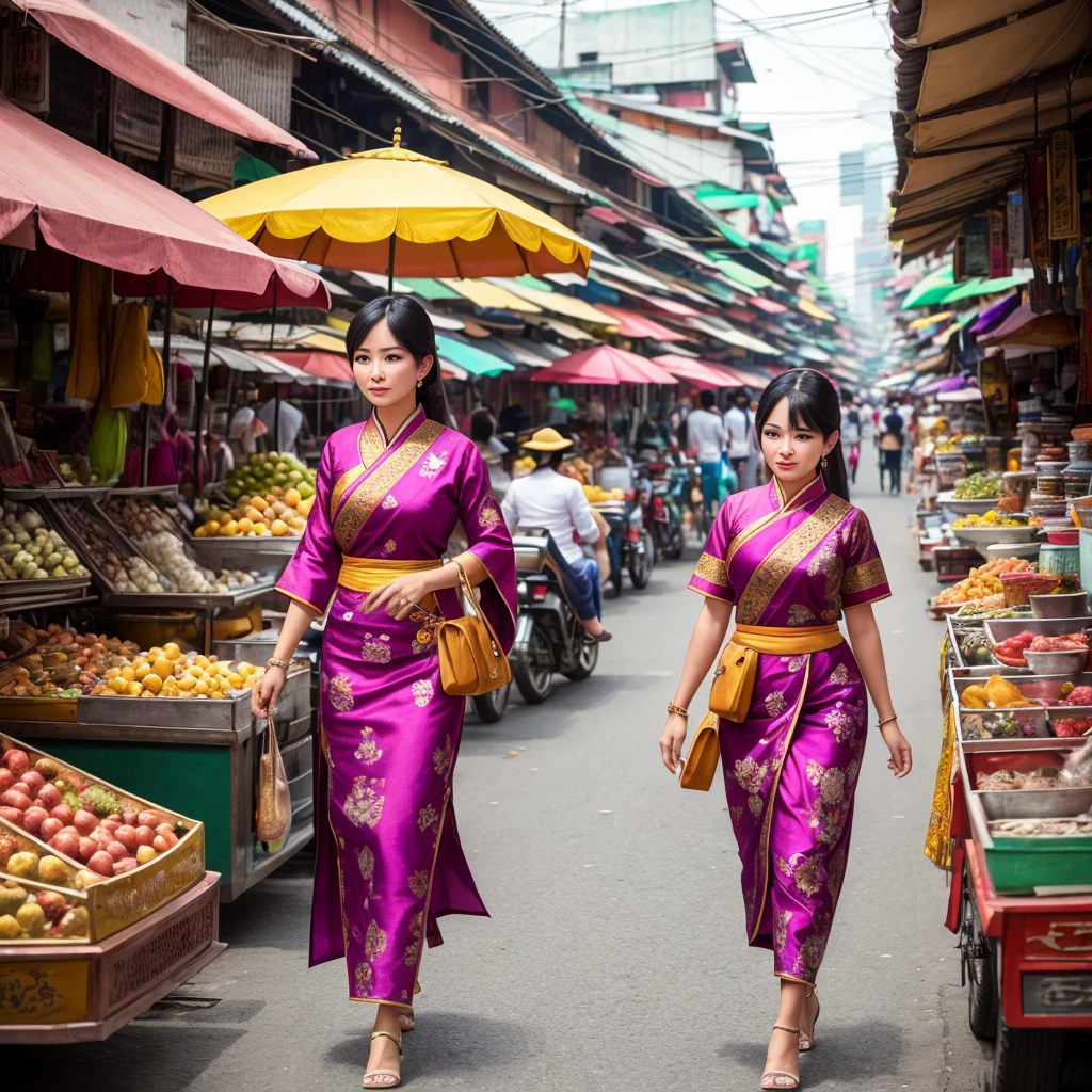 (best quality,ultra-detailed,highres:1.2),realistic(portraits),vivid colors,sharp focus,professional,studio lighting,physically-based rendering,bokeh, HDR,UHD A classy asian business woman strolling down the streets of bangkok, longnecked, snobby expression, wearing an elegant, traditional Asian themed outfit with intricate patterns and vibrant colors. Her waist-length black hair flows gracefully behind her. Onlookers can't help but stop and stare at her fashionable appearance, with admiration and curiosity in their eyes. She walks confidently, with an air of confidence and sophistication, each step exuding power and authority. The bustling streets of Bangkok become her stage as she moves gracefully, the sound of her clicking heels blending harmoniously with the city's vibrant energy. The sunlight gently kisses her skin, creating a soft, warm glow on her flawless complexion. The surrounding buildings and colorful market stalls create a lively backdrop, filled with unique details and textures. The scent of street food and the sound of chatter fill the air, adding to the atmosphere of the scene. The combination of modern city life and the elegance of tradition merges seamlessly, reflecting the dynamic spirit of Bangkok.