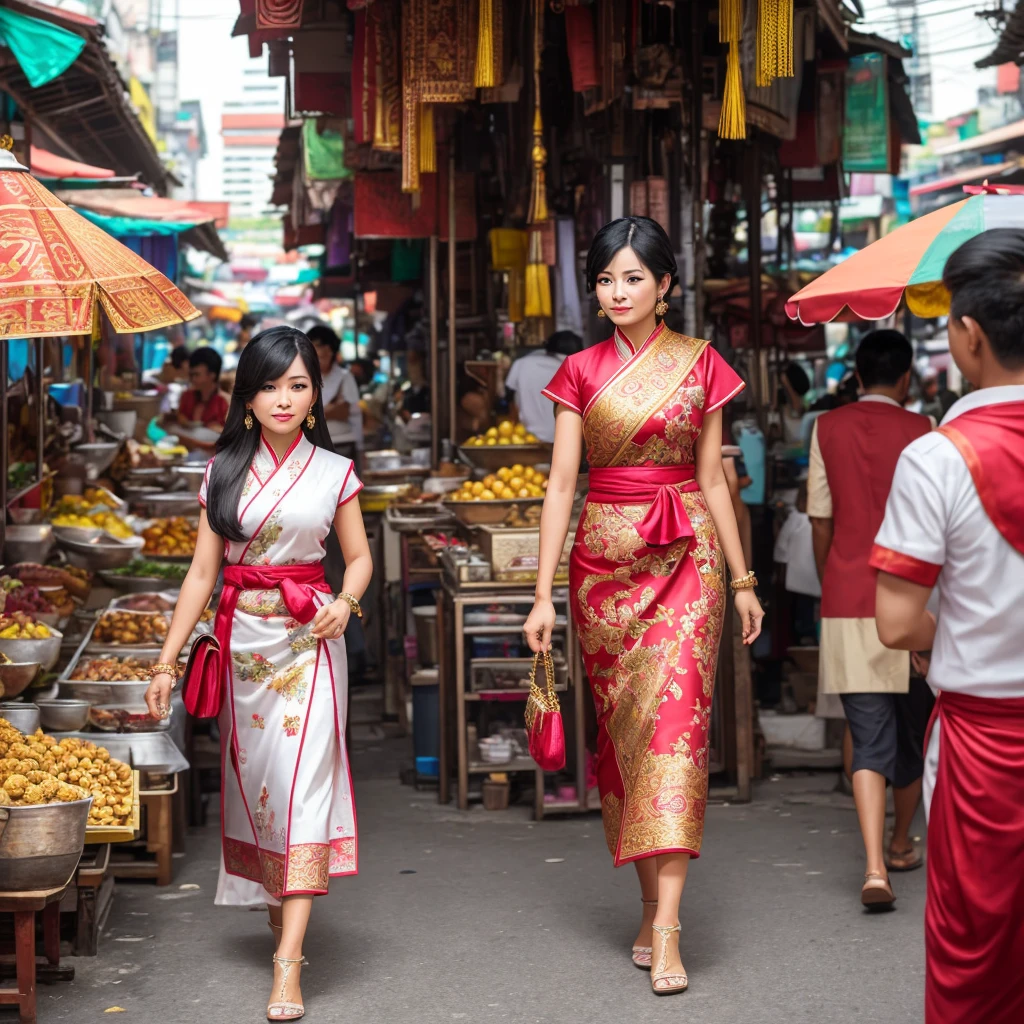 (best quality,ultra-detailed,highres:1.2),realistic(portraits),vivid colors,sharp focus,professional,studio lighting,physically-based rendering,bokeh, HDR,UHD A classy asian business woman strolling down the streets of bangkok, longnecked, snobby expression, wearing an elegant, traditional Asian themed outfit with intricate patterns and vibrant colors. Her waist-length black hair flows gracefully behind her. Onlookers can't help but stop and stare at her fashionable appearance, with admiration and curiosity in their eyes. She walks confidently, with an air of confidence and sophistication, each step exuding power and authority. The bustling streets of Bangkok become her stage as she moves gracefully, the sound of her clicking heels blending harmoniously with the city's vibrant energy. The sunlight gently kisses her skin, creating a soft, warm glow on her flawless complexion. The surrounding buildings and colorful market stalls create a lively backdrop, filled with unique details and textures. The scent of street food and the sound of chatter fill the air, adding to the atmosphere of the scene. The combination of modern city life and the elegance of tradition merges seamlessly, reflecting the dynamic spirit of Bangkok.