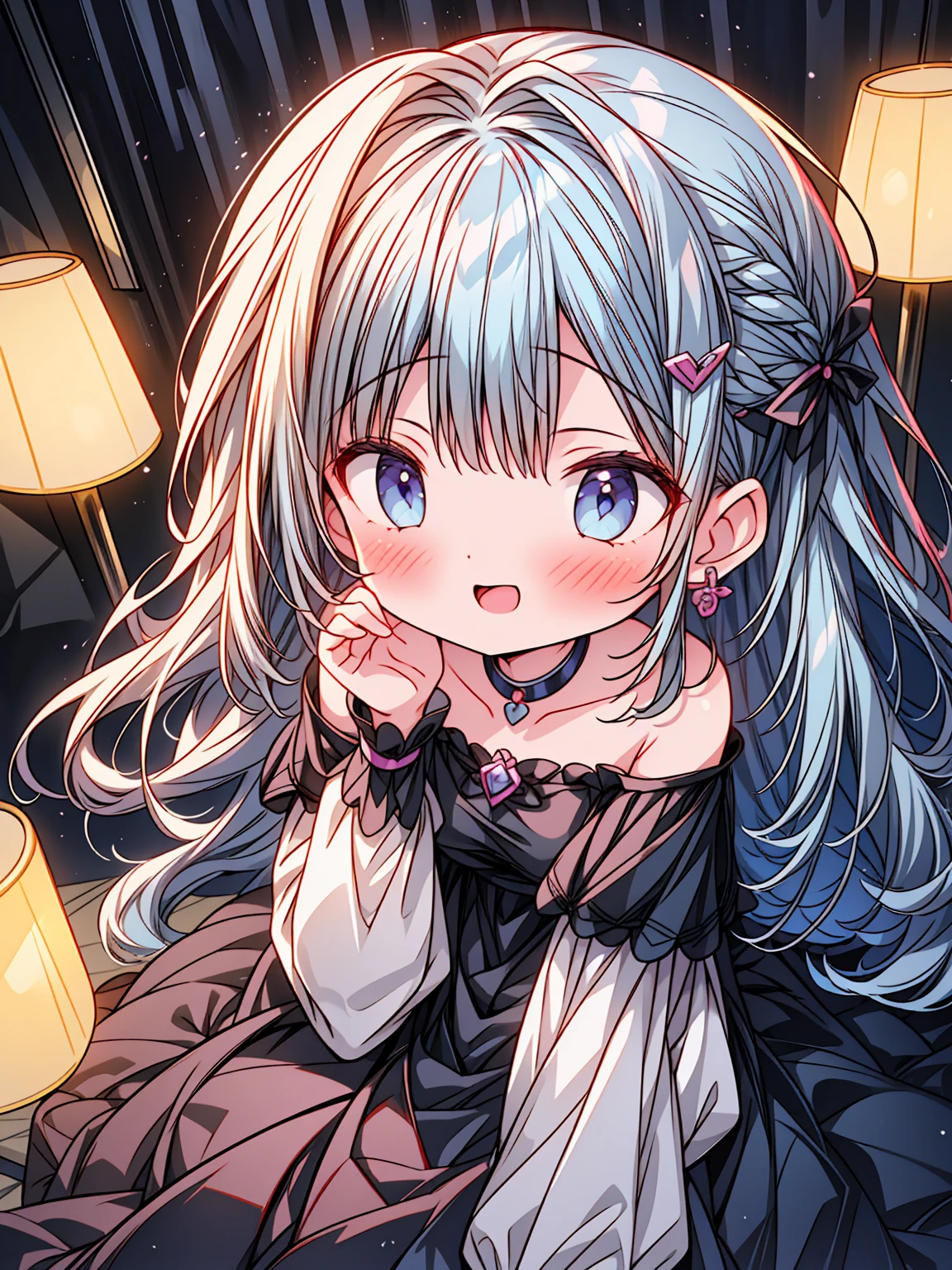 Masterpiece, best quality, extremely detailed, (illustration, official art: 1.1), (((((1 girl))))), ((light blue long hair))), light blue hair, 10 years old,  ((blush)), cute face, big eyes, tareme, masterpiece, best quality, ((a very delicate and beautiful girl)))), ,  girl,amazing, beautiful detailed eyes, blunt bangs (((little delicate girl)))), tareme (true beautiful: 1.2),, small girl,  and sweet,(Composition looking up from a low position)、,1girl, side braided, amber eye, wearing black dress, night light, purple flower hairpin, double layer choker necklaces, purple gem earings, hall, stairs,Close up portrait of a person in a dress with flowers in her hair, Anime girl in black dress with gothic décor with intricate details,sweat:1.2、、Wet eyeini dress))、off shoulders、thighs thighs thighs thighs、 Longhaire、(Hide your fingertips)、,blush,Happy smile,(((Bedrooms))),((Night view)),(chromatic abberation:1.3),Dynamic Angle,Looking at Viewer,Lie down 、temptation 、