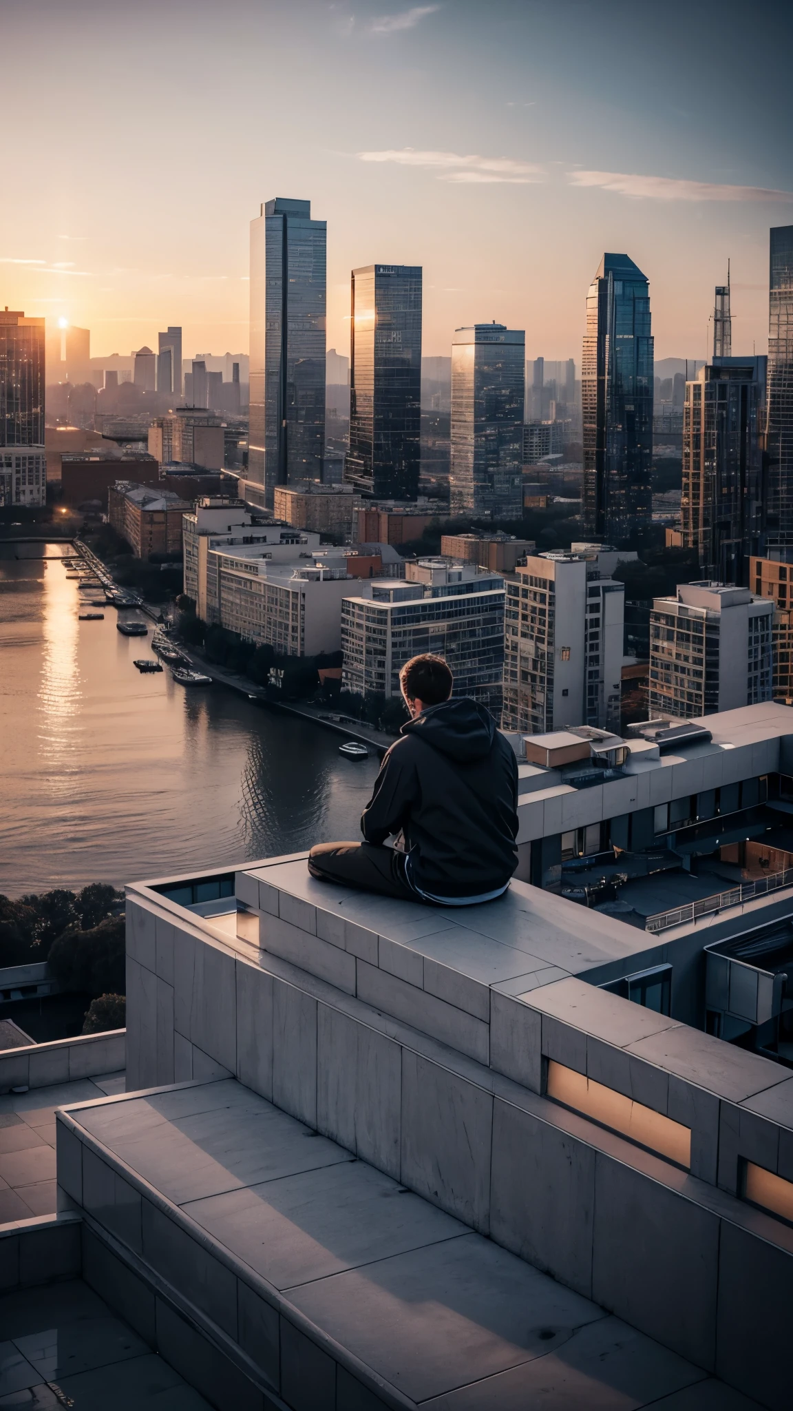 A boy, with a grey hoodie and black pants, sitting on the edge of a building, overlooking the cityscape, with his back away from the camera, high angle shot, sunset, warm colours, cinematic lighting, epic vibes, wallpaper, anime backgroung, Full HD 4K, beautiful artwork illustration, beautiful anime scene, highly detailed, intricated details, rule of thirds composition, simetric.