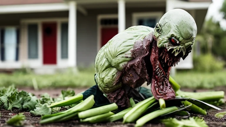 A zombie eating green vegetables, seen in front of an abandoned house, the photo is very realistic like the real thing, the quality and details are excellent, a masterpiece.