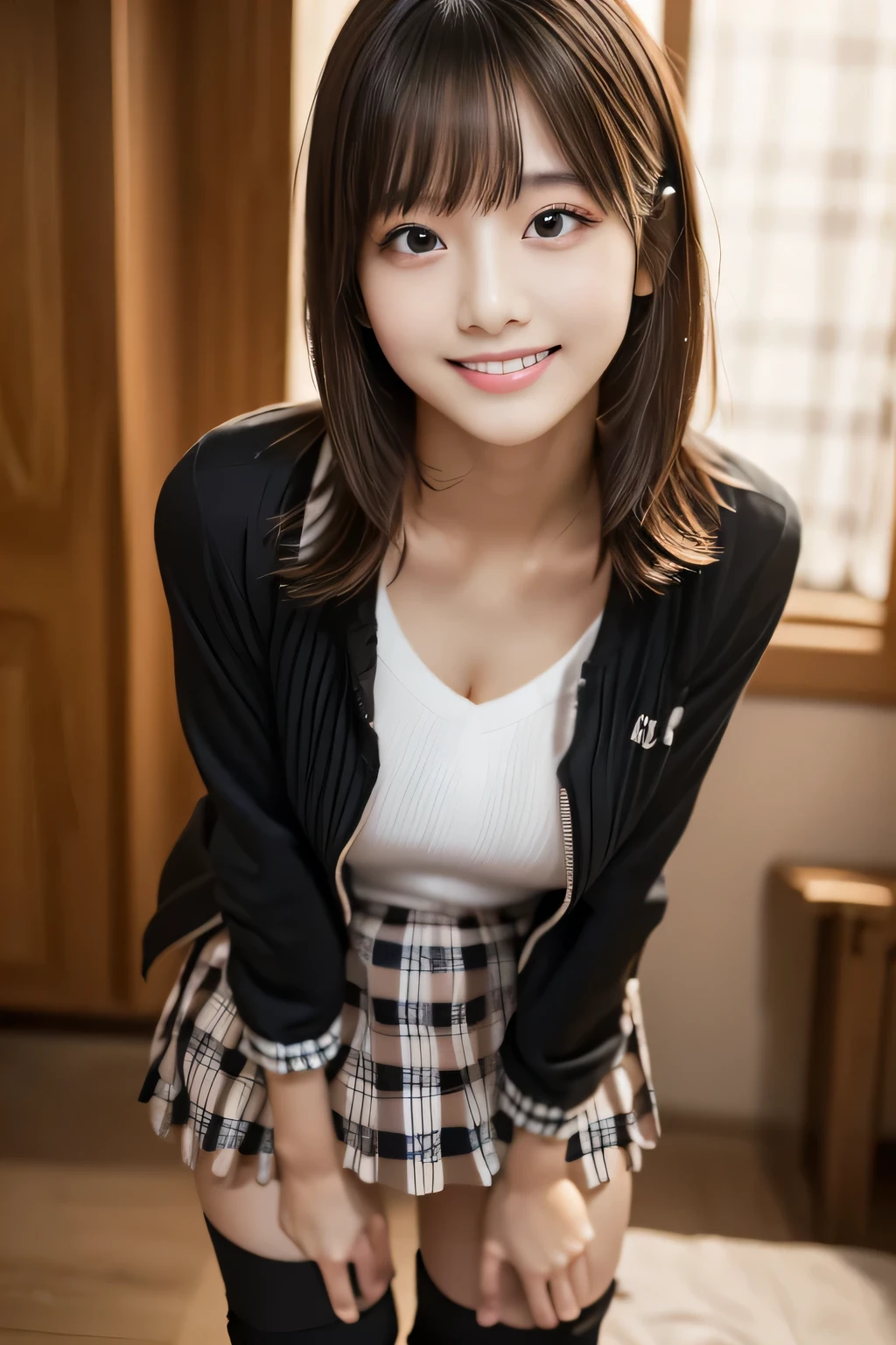 (masterpiece,highest quality,超A high resolution),Japanese women, (((Very cute 16 year old girl))), View the photographer, Front view, ((Long Hair)), Super cute face, Glossy lips, Double eyelids on both eyes, Focus your eyes, Natural Makeup, bangs, Shiny and smooth light brown long hair, (((Upper body close-up))), Large Breasts, Perfect limbs, Perfect Anatomy, ((Lightweight inner shirt:1.3)), ((A plain knit coat:1.3)), ((Black knee-high socks:1.3)), (((Checkered pleated mini skirt:1.5))), ((Smile)), Night room, (Show off your slim thighs:1.3), ((Include the whole face and focus on the chest:1.2)), View your viewers, (Strike a cute pose:1.2), Perfect and natural fingers,