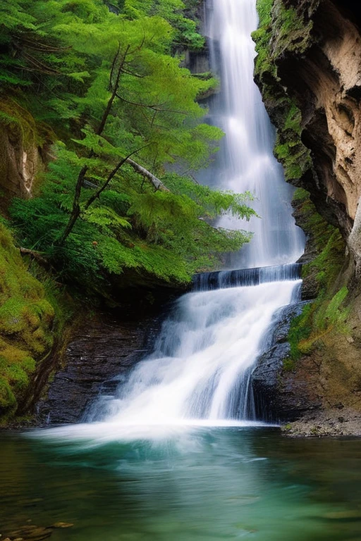 Gorge in the mountains, forested, River, waterfall, a bear catches fish on the shore