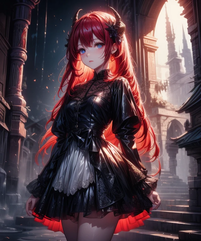 extremelydetailedwallpaper, Ultra-detailed details, detailed shadow, very precise detail, Extremely detailed 8k wallpaper, very fine 8KCG wallpapers,An old abandoned church.  Her black dress was torn and stained in some places. red hair was long and fluffy. Light enters through cracked stained glass windows.