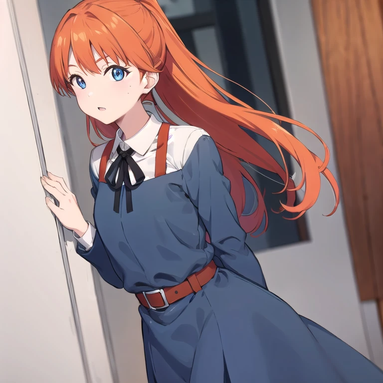 Orange hair, gray dress uniform,  blue eyes