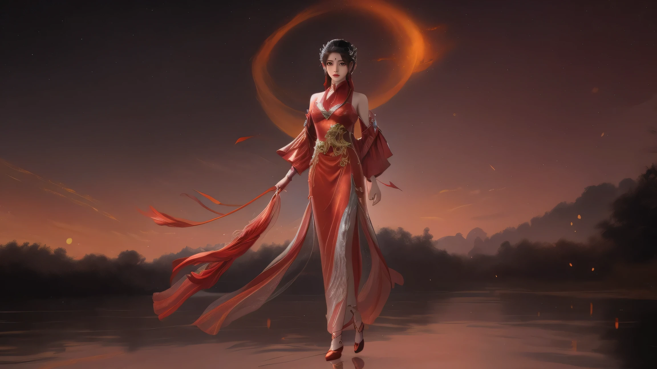 An Arad woman in a red dress walks in the river carrying a lantern, full-body xianxia, inspired by Park Hua, by Yang J, Inspired by Lan Ying, Extremely detailed Artgerm, inspired by Du Qiong, inspired by Ju Lian, art-style, Ruan Jia and Artgerm, lunar themed attire